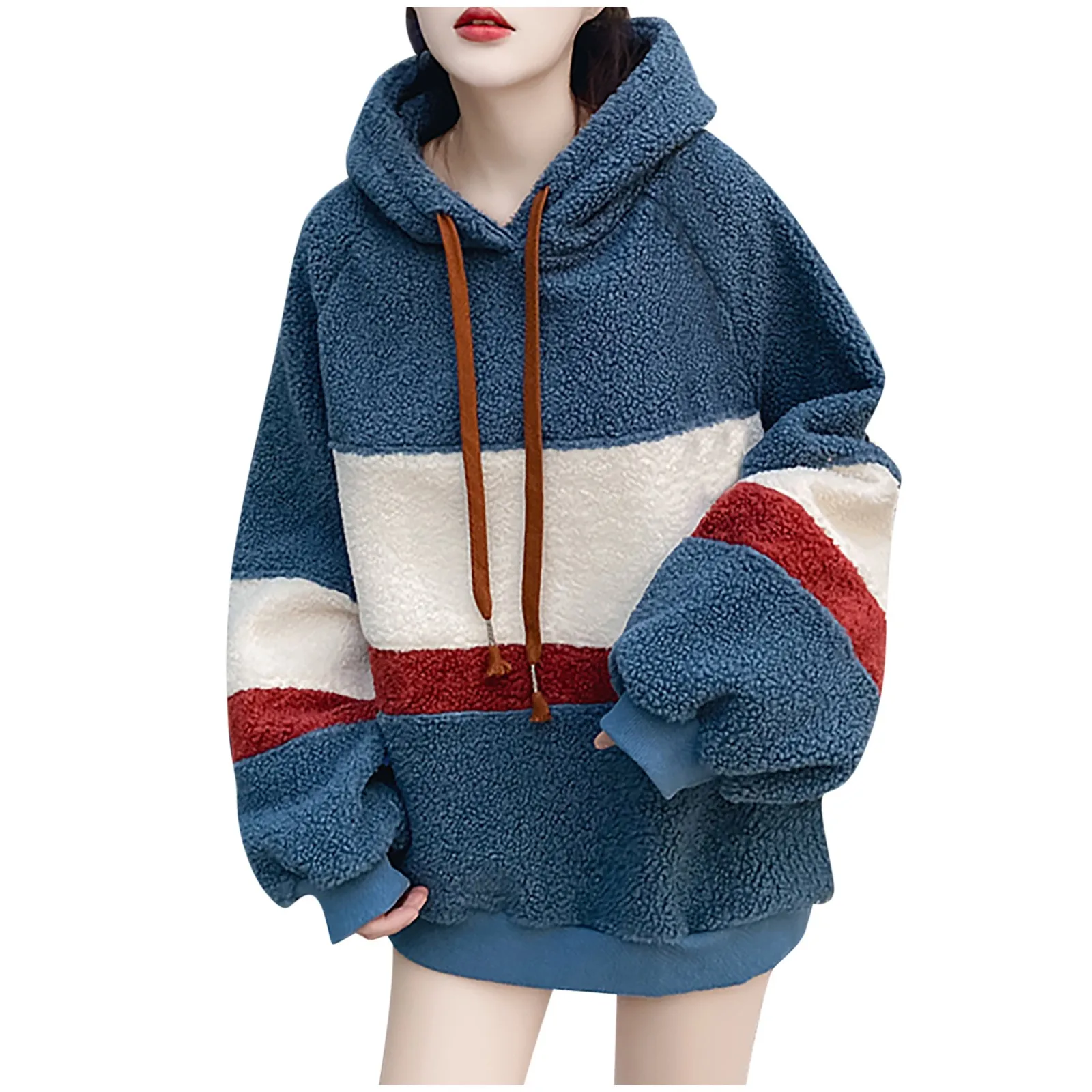 Plus Size Autumn Winter Hoodies Women Casual Striped Long Sleeve Sweatshirt Long Sleeve Fluffy Hoodies Fleece Pullover##g 1