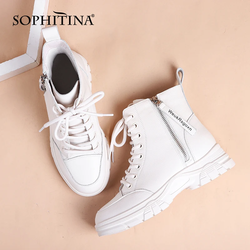 SOPHITINA Women's Shoes Leisure Sport Genuine Leather White Ankle Boots Round Toe Zipper Lace-Up Comfortable Women Boots WZ02