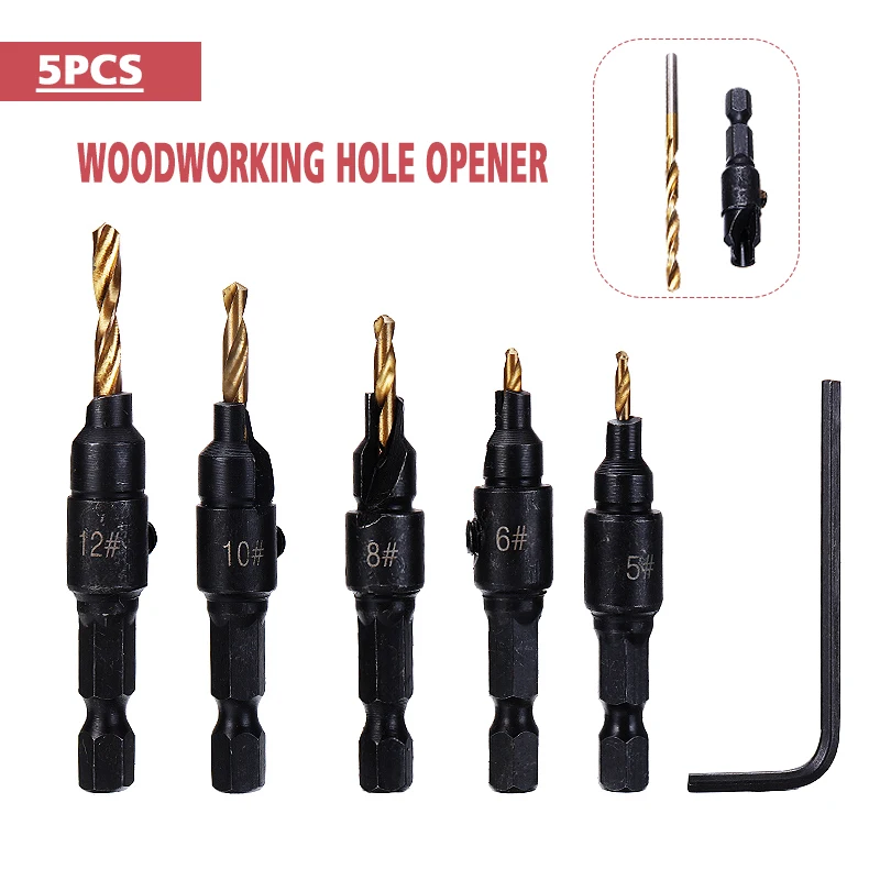 

5Pcs Countersink Drill Woodworking Drill Bit Set Hex Shank Drilling Pilot For Screw Sizes #5 #6 #8 #10 #12 Accessories
