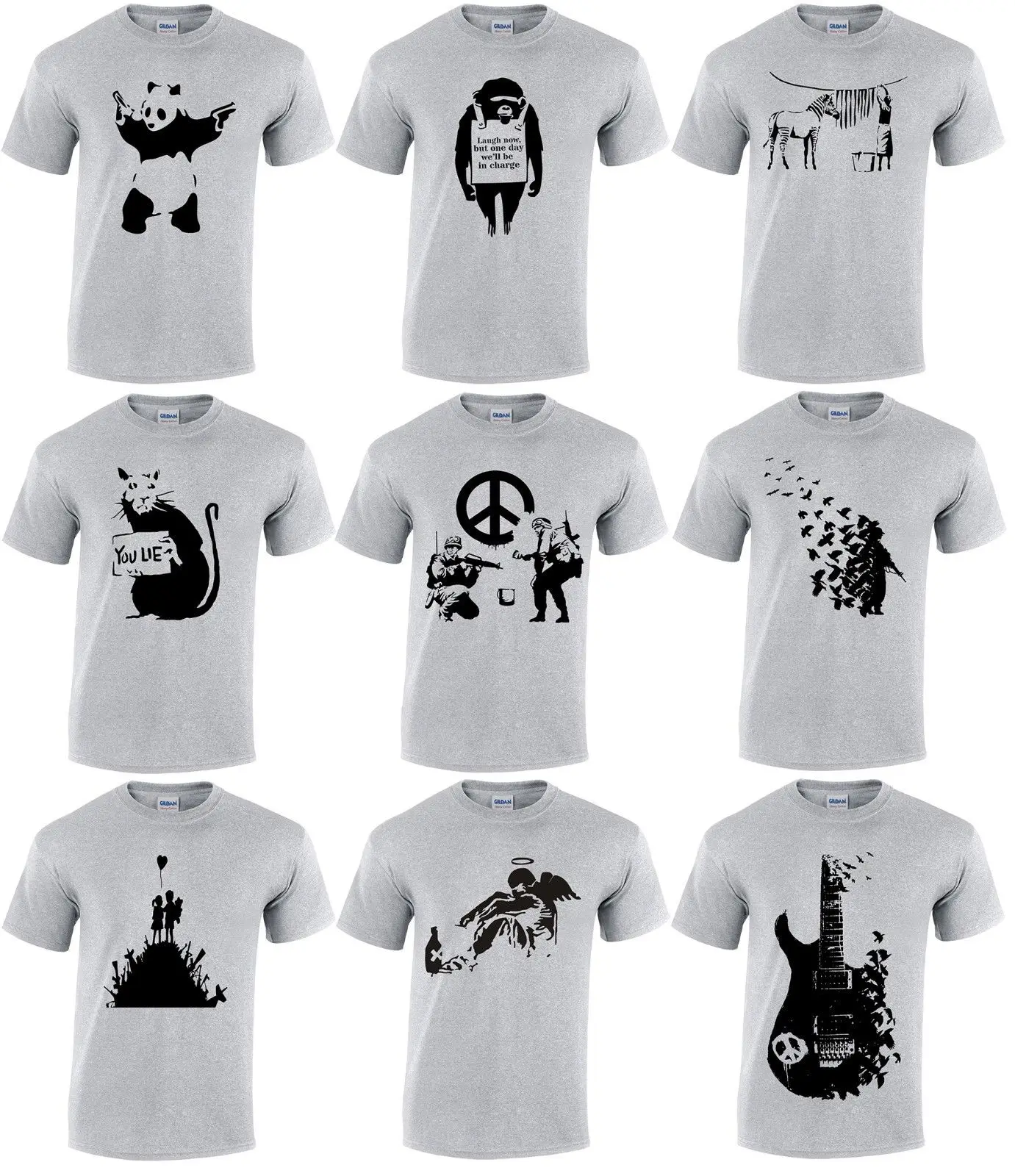 BANKSY Girl Balloon Peace Flower Panda Monkey Soldier Guitar Zebra Gray T Shirt |