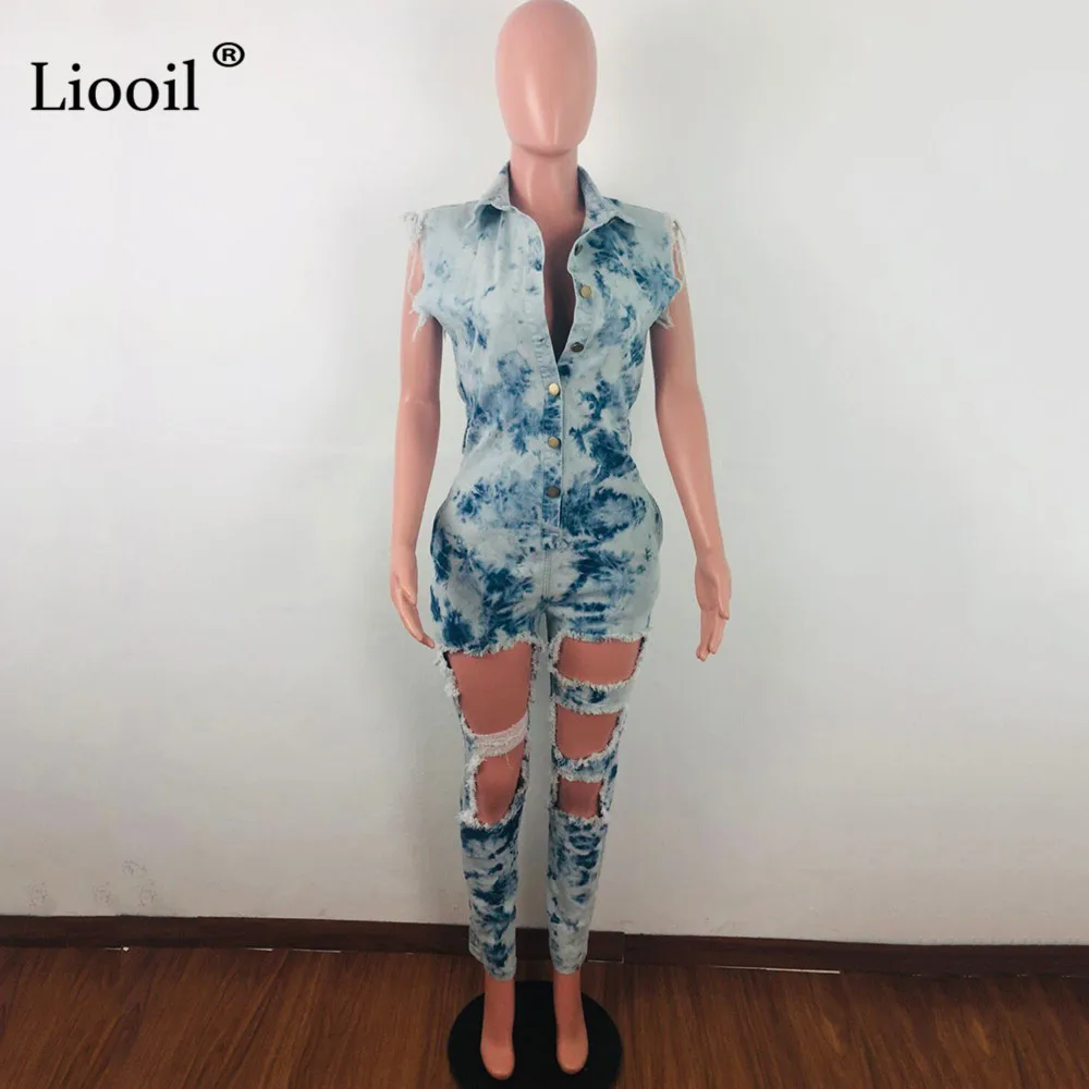 Liooil/соблазнительный джинсовый комбинезон с дырками на пуговицах, Клубная одежда, без рукавов, высокая талия, галстук для вечеринок, краситель, комбинезон, женский комбинезон на бретельках