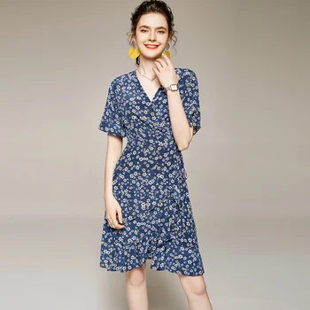 

100% Silk Women's Runway Dresses Asymmetrical V Neck Short Sleeves Printed Lace Up Fashion Casual Short Summer Dresses