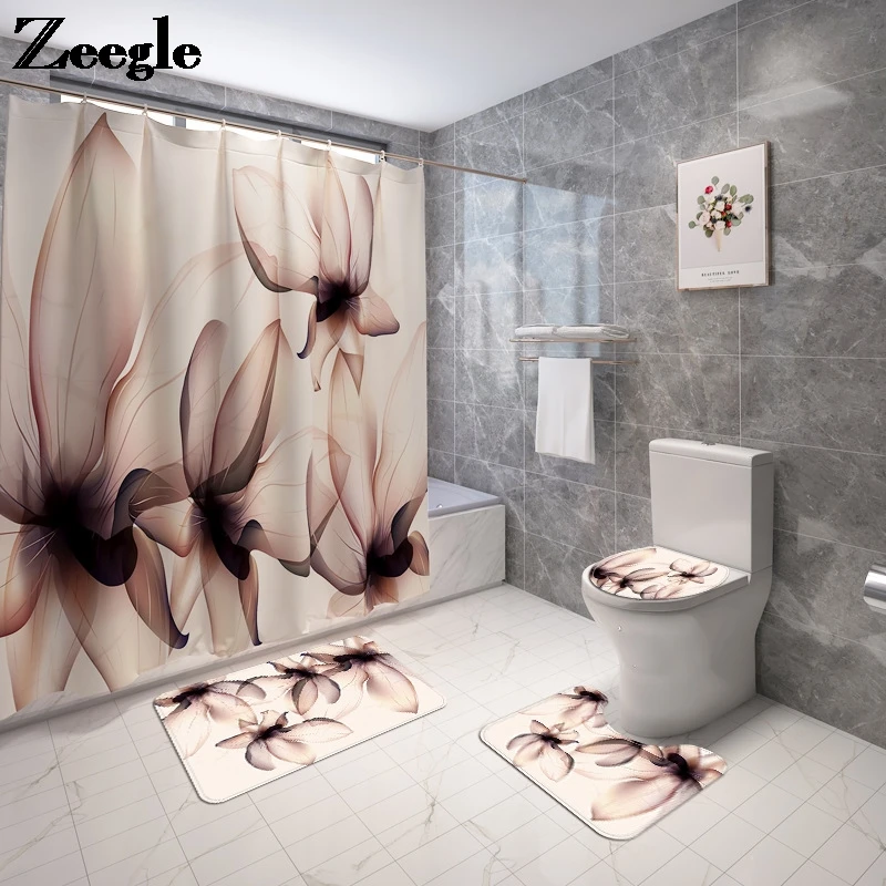 Traditional Style Bathroom Rug Set Bath Mat and Shower Curtain Set Toilet Mat Bathroom Carpet Bathroom Decoration Absorbent Mat