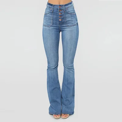 Women High Waist Button Denim Jeans Plus Size Slim Flare Pants Full Length Trousers