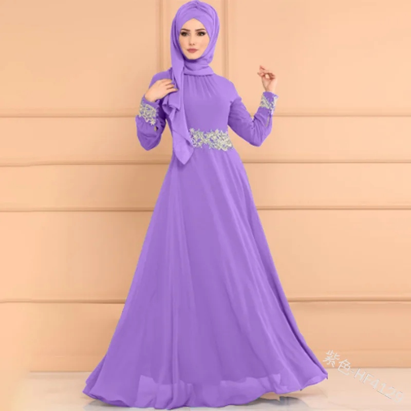 Мусульманское благородное темпераментное кружевное платье с высокой талией и длинными рукавами, Бангладеш, ОАЭ, Дубай, Турция, Исламская одежда - Цвет: HF4129-purple