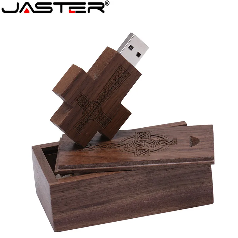 JASTER Creative walnut wooden cross usb flash drive with Humu push pull box 2.0 4GB/8GB/16GB/32GB/64GB/128GB memory U disk|USB