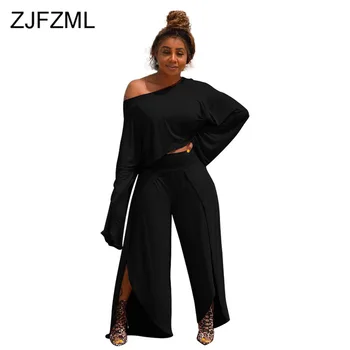 

Solid Causal Two Piece Set Tracksuits Women O-Neck Full Sleeve Loose T Shirt and Empire High Split Wide Leg Pants Plus Size Set
