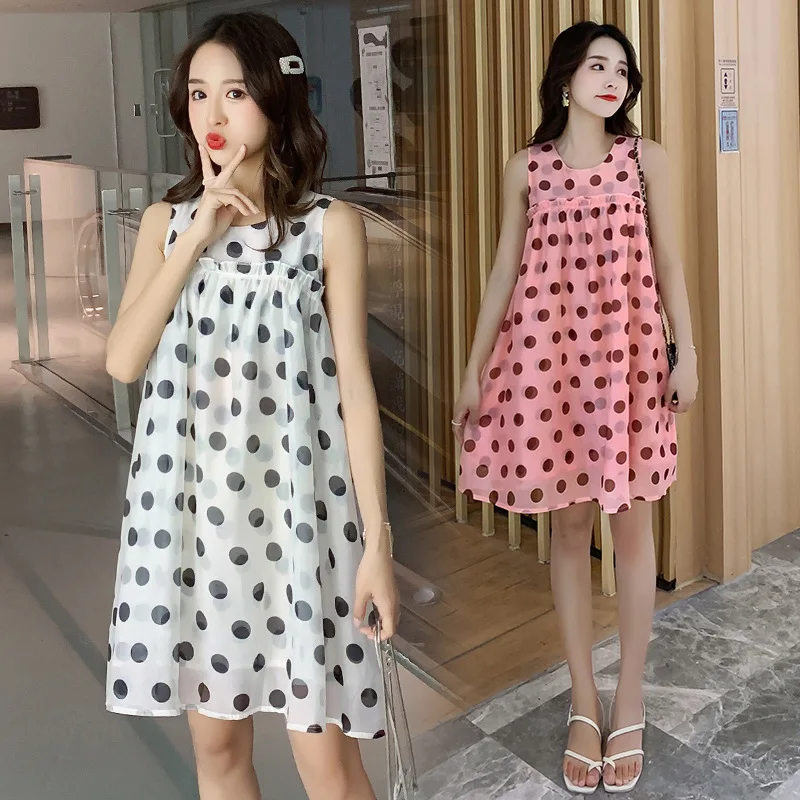 

Summer Skirt 2019 New Style Fashion Mom Loose-Fit Mid-length Polka Dot Loose-Fit Vest Pregnant Women Dress