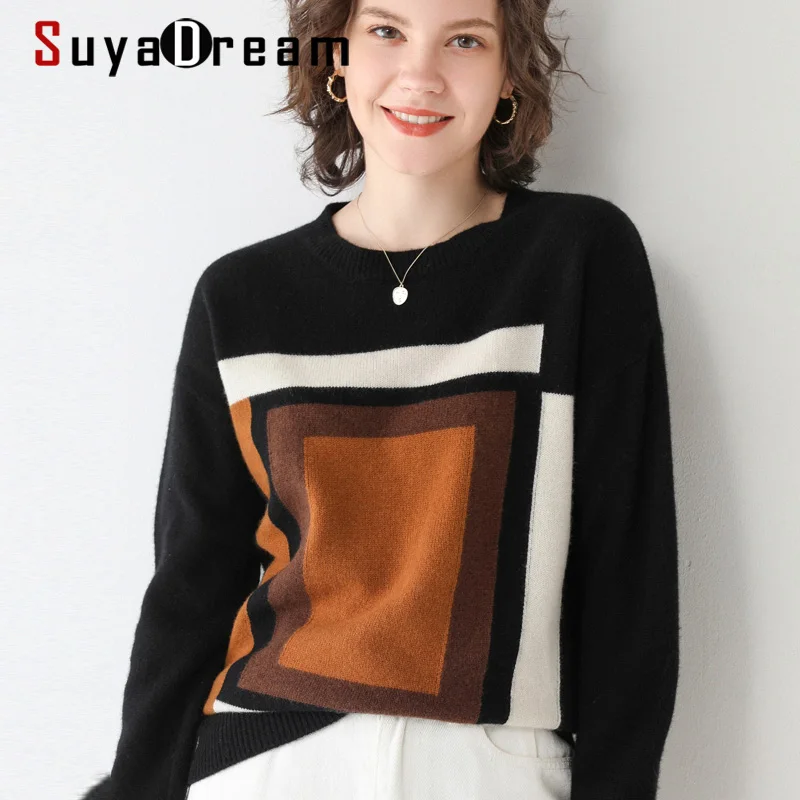

SuyaDream woman Wool Sweaters 100%Wool Round Collar Jacquard Pullovers 2020 Fall Winter Warm Knitwear