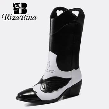 

RIZABINA Mid Calf Boots For Women Square Toe Thick Heel Slip On Shoes Mixed Color Shoes Cowboy Western Boots Fahion Size 33-45