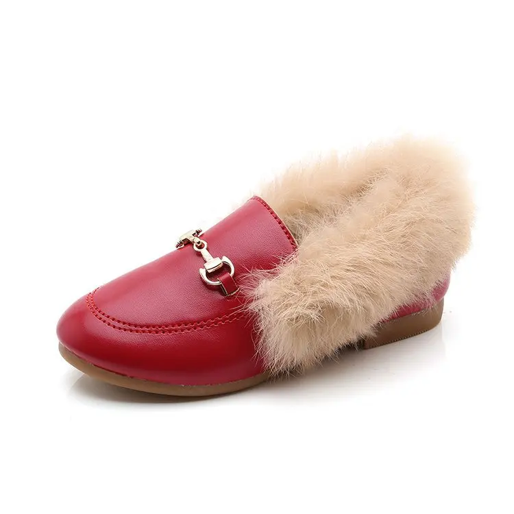 New Kids Shoes Winter Warm Boys Girls Fashion Shoe Black Red Fur Flat Slip On Non-slip Kids Shoes Quality Leather New Hot Shoes