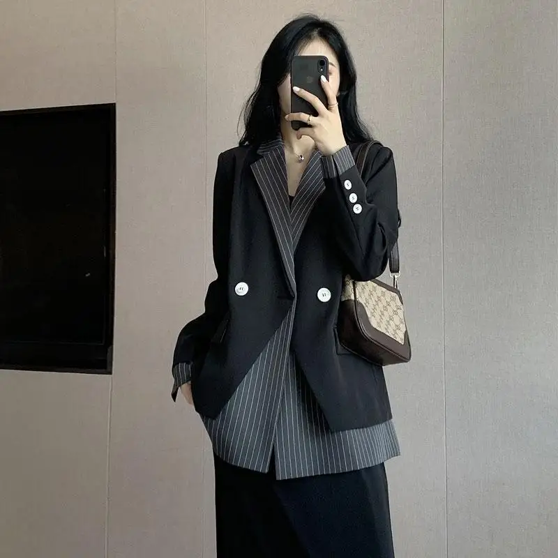 Women's Casual Black Blazer, Patchwork Jacket, Office Coats, Autumn, New Arrivals, 2024