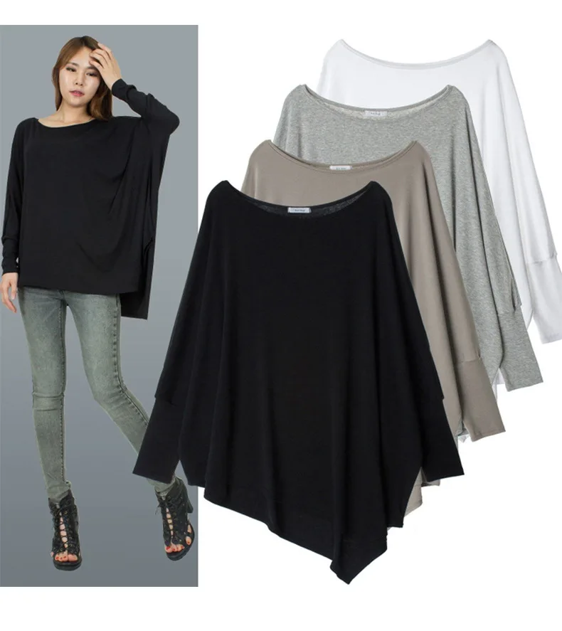 

2019 Autumn Women Shirt Bat Sleeve Irregular Loose Shirt Tops Plus Size Blouse Large size personality cut hem solid color