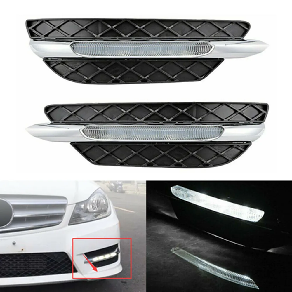 

Pair Left Right Front Bumper Grill LED DRL White Daytime Running Light Fog Lamps for Benz W204 C-Class Facelift 2011 2012 2013