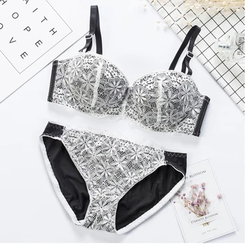 

1 Set Underwire Half Cup 1/2 Sexy Lace Bra Size AB 70-85 Padded Push Up Underwear for Women Briefs Panties Lady Underpants Black