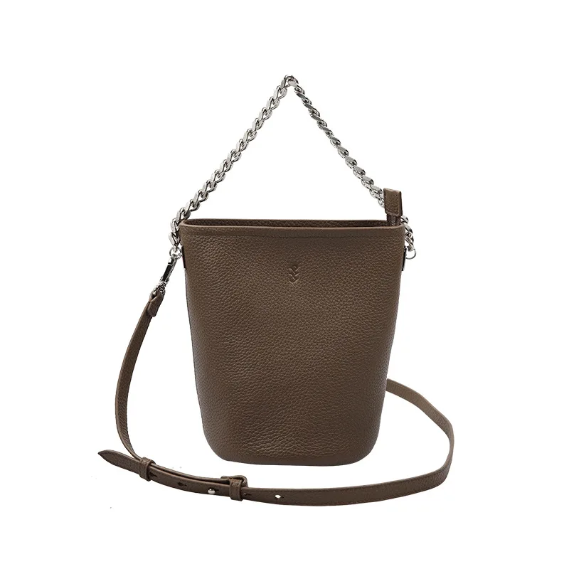 

2021 new one-shoulder messenger bag brown casual trend bucket bag top layer cowhide handbag