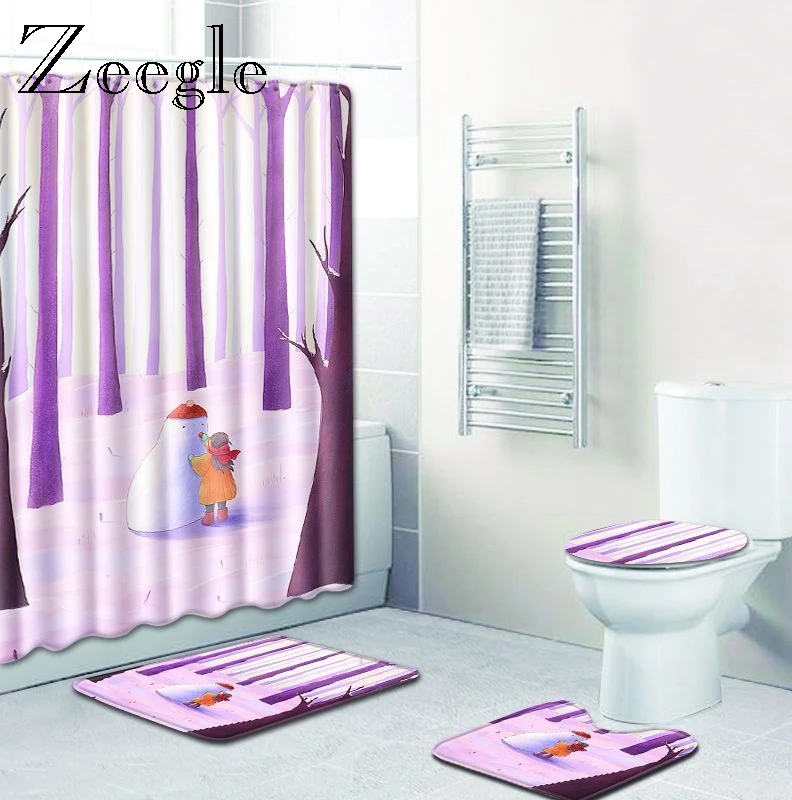 Zeegle Shower Curtain with Bath Mat Set Anti Slip Bathroom Doormat Washable Soft Toilet Pedestal Rug Washable 4pcs Toilet Set