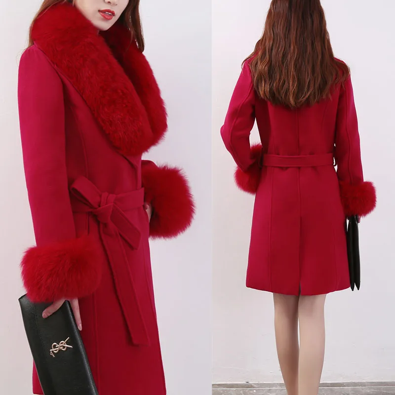 Шерстяное пальто зимнее пальто женское Корейская версия самообработки большой меховой воротник куртки женские Шубы из искусственного лисьего меха 3XL