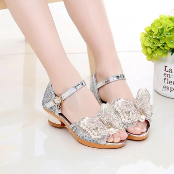 

2020 Baby Girls Bownot Sandals Kids Glitter Bling Sequins Mid Heels Shoes Ankle Strap Bowtie Dance Party Princess Shoes D30