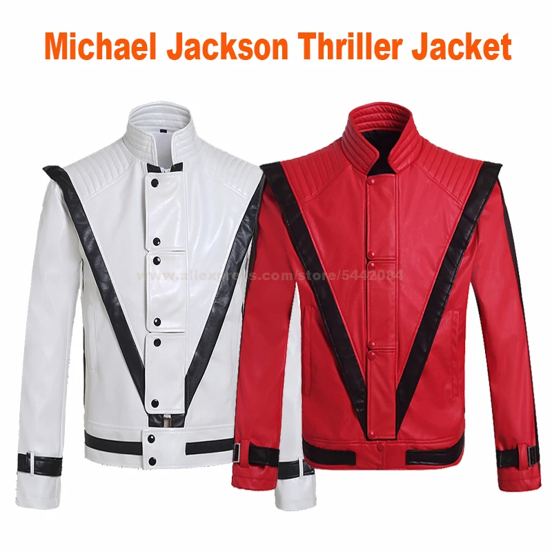 

MJ Michael Jackson Jacket Thriller White and Red Retro Leather Coat MTV Collection Outwear Party Cosplay Imitation Prop