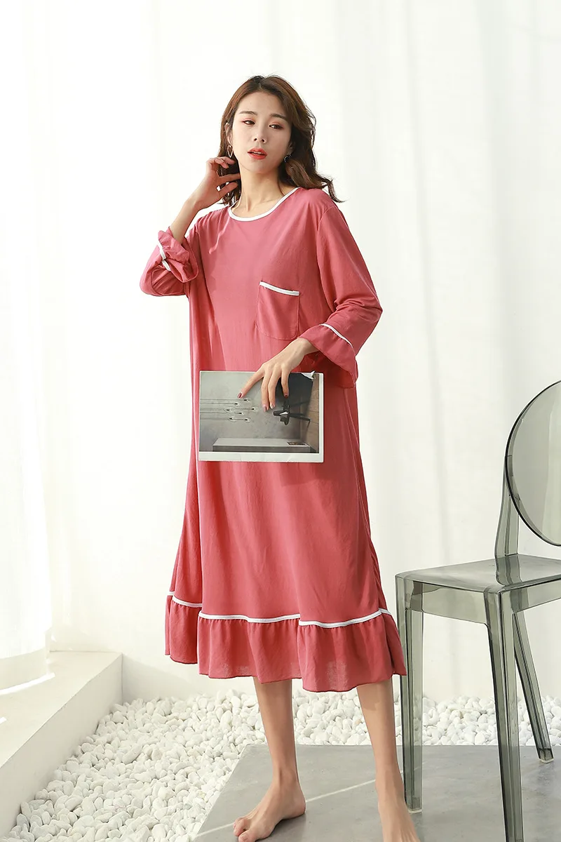 Autumn New Style Large Size Pajamas Dress Plus-sized Womenswear Size Long Sleeve Nightgown Loose-Fit Slimming Contrast Colo