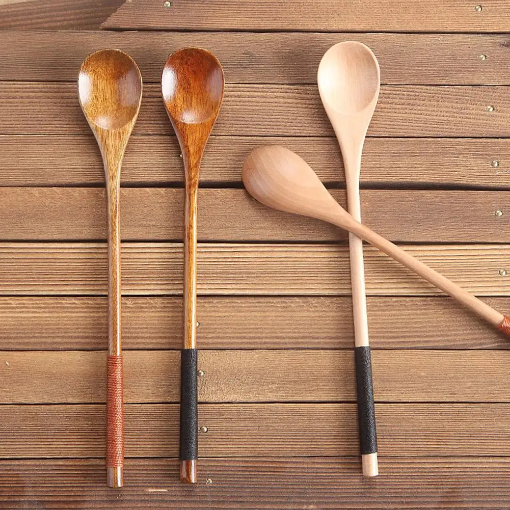 

Hot Binding Wooden Long Handle Coffee Soup Condiment Mixing Spoon Teaspoon Utensil New