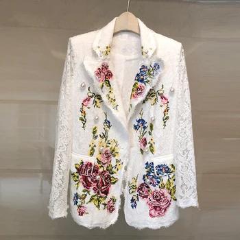 

VERDEJULIAY Runway Coat 2020 Women Autumn Winter Fashion New High Quality Flower Embrodiery Pearls White Hollow Out Lace Jacket