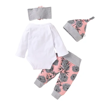 Baby Girl Clothing Newborn Kids Baby Girls Outfits Clothes Romper Bodysuit Flower Printed Pants Headband Hat Set 6