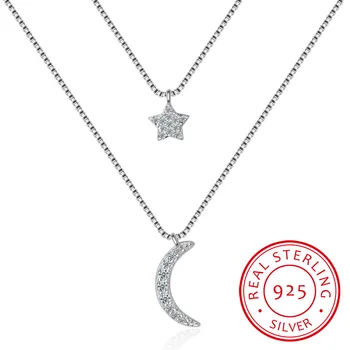 925 sterling silver long star moon choker necklaces pendant fashion sterling-silver-jewelry statement necklace for Women Kolye