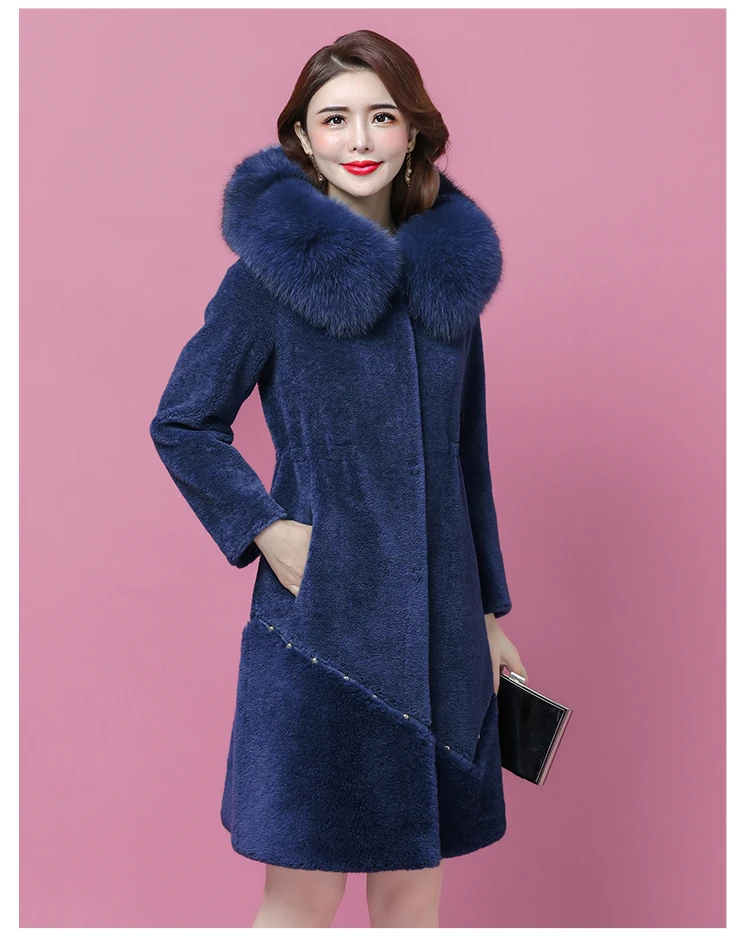 HANZANGL Sheep sheared coat Winter Wool Coat Women's Fox Fur Collar Hooded Warm Cashmere Jacket Long Fur Overcoat L-4XL