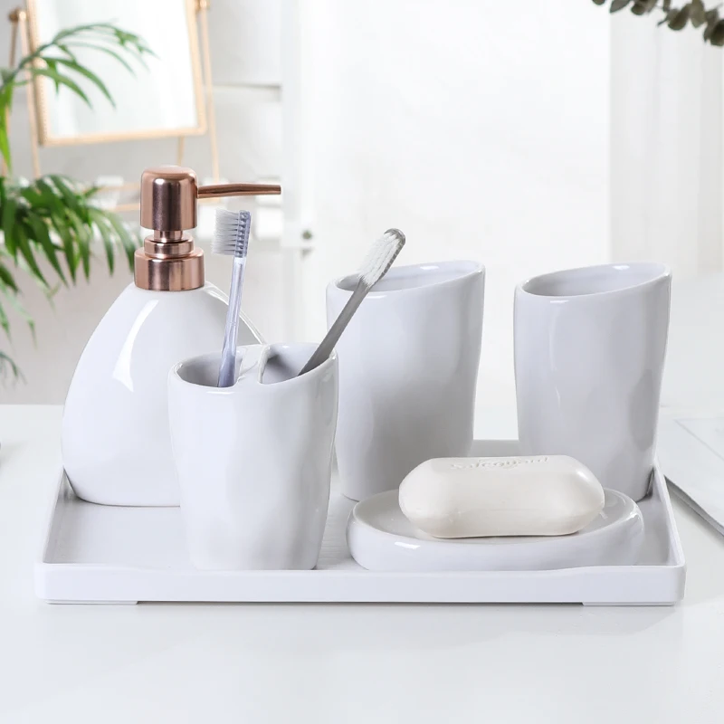 Керамические аксессуары для ванной набор для ванной из пяти с керамический поднос/мыло диспенсер/деревянный поднос/Меламиновый поднос/зубная щетка H