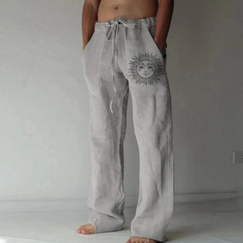 Men's Casual Pants sweatpants Sun Flower Print Full Length Pants Pocket Drawstring Linen Trousers Men fashionable wide leg pants,linen pants,wide leg pants,fashion pants