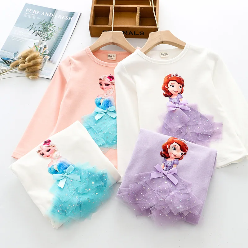 Fashion Long Sleeve T Shirt Cartoon 3D Lace Princess Shirts Elsa/sofia T Shirts Children Outfits Tops Basic Clothing