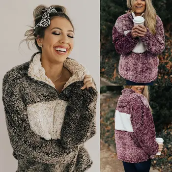 

Brand New Women Winter Warm Patchwork Color Fur Fleece Coat Loose Sweatshirt Fluffy Outwear Pullover Jacket Top