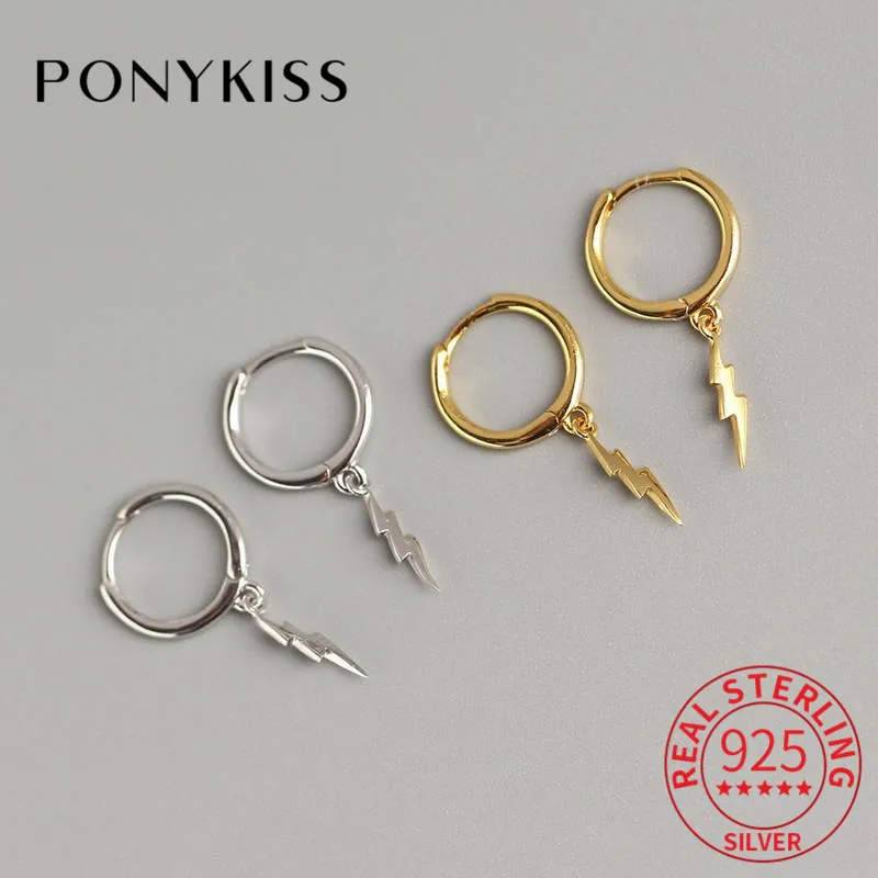 

PONYKISS 100% 925 Sterling Silver Pendant Lightning Minimalist Hoop Earrings Punk Fashion Earrings Accessory For Party Chic Gift