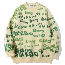 

Men Hip Hop Knitted Jumper Sweaters Letter Full Print 2021 Streetwear Harajuku Autumn Oversize Casual Fashion Pullovers