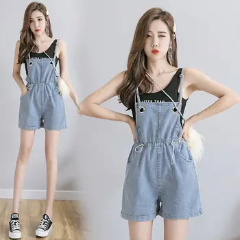 

Women's Short Suspender Trousers Summer High Waist Elastic Waist Light Blue Slim Casual Short Jeans