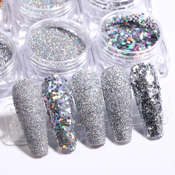 

6/12Pcs Silver Laser Colorful Nail Glitter Powder Set Holographics Nail Powder Flakes Nail Art Sequins DIY Design 3D Decorations