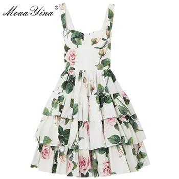 

MoaaYina Fashion Cotton dress Summer Women's Dress Spaghetti strap Backless Floral Print White Cotton Cascading Ruffle Dresses