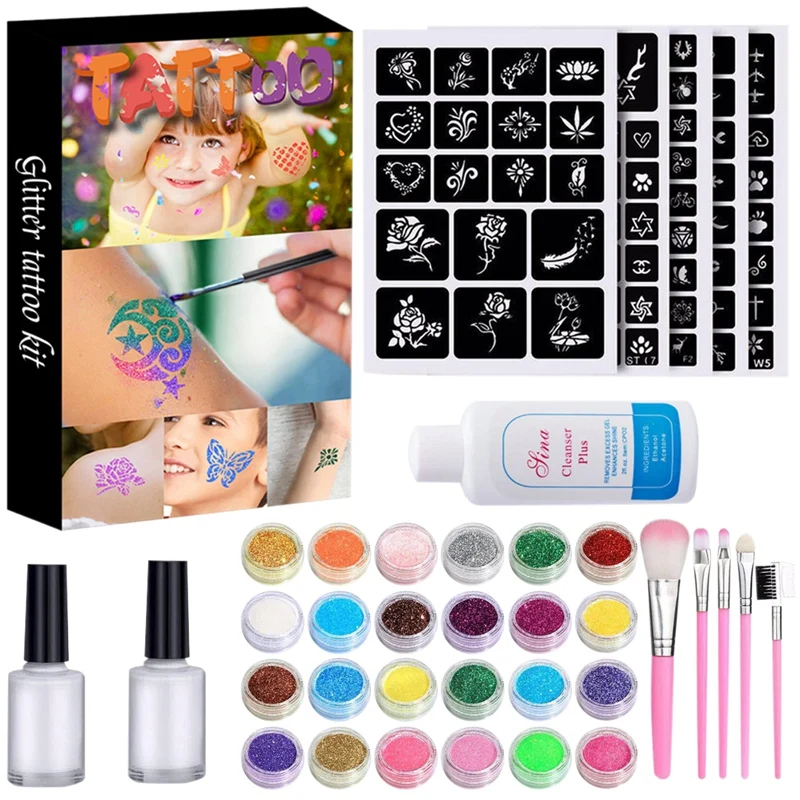 Glitter Tattoo Kits 24 Color 120 Templates Flash Diamond Flash for Temporary Tattoo Set Kids Face Body Painting Glitter Tattoo Kits 24 Color 120 Templates Flash Diamond Flash for Temporary Tattoo Set Kids Face Body Painting