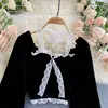 Sexy Halter Lace Patchwork Short Blouse For Women Casual Puff Sleeve Velvet Shirt Female Black Tops New Fashion Autumn Winter 2