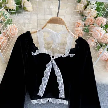 Sexy Halter Lace Patchwork Short Blouse For Women Casual Puff Sleeve Velvet Shirt Female Black Tops New Fashion Autumn Winter 2