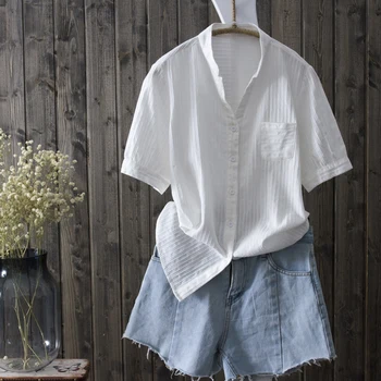 

100% cotton white women shirts 2020 summer new short-sleeved v-neck slim office lady all match shirts outwear coat tops