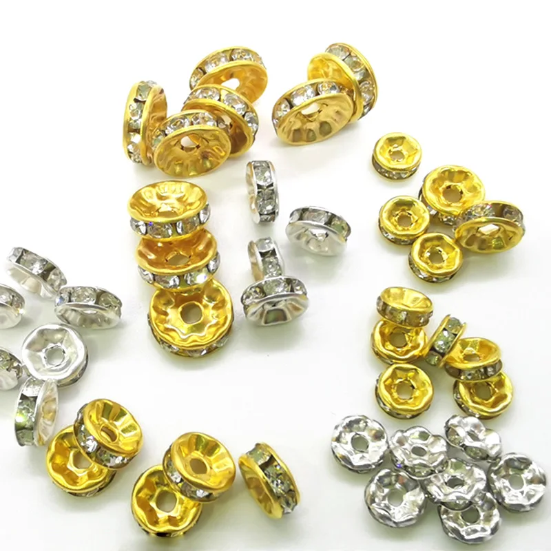 

50pcs Rondelle 6mm 8mm 10mm Czech Crystal Rhinestones Loose Metal Spacer Beads Lot For Jewelry Making DIY Crafts Findings