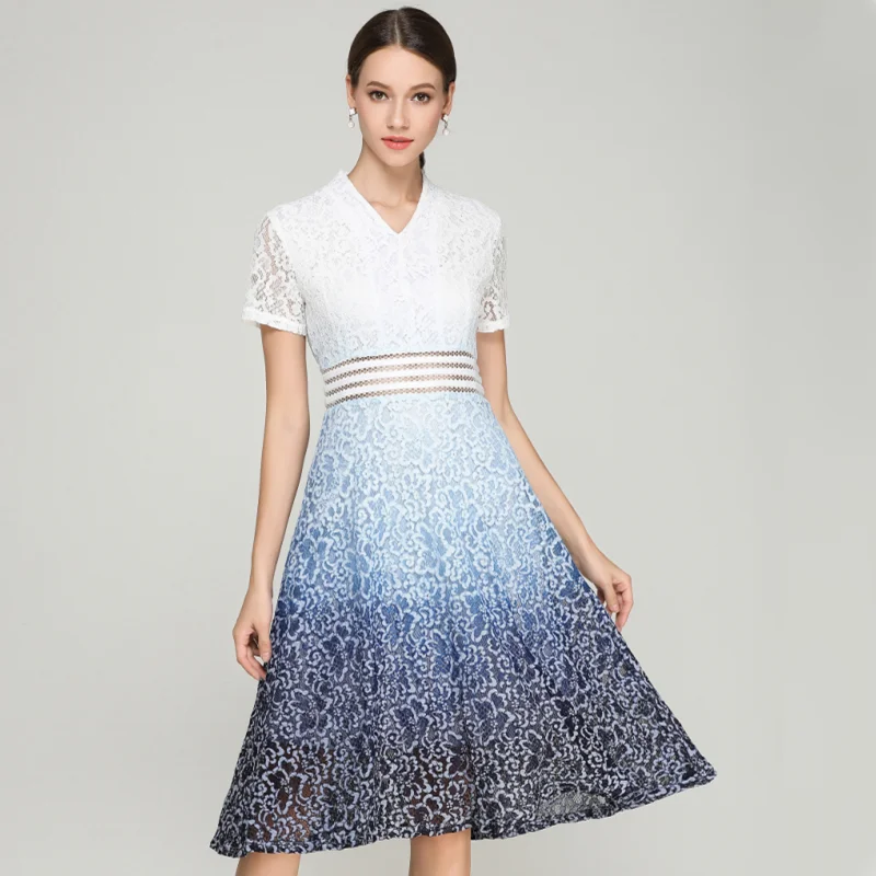 HAMALIEL Vestidos, Летнее белое синее лоскутное кружевное платье, Подиумные женские сексуальные винтажные платья с коротким рукавом и v-образным вырезом