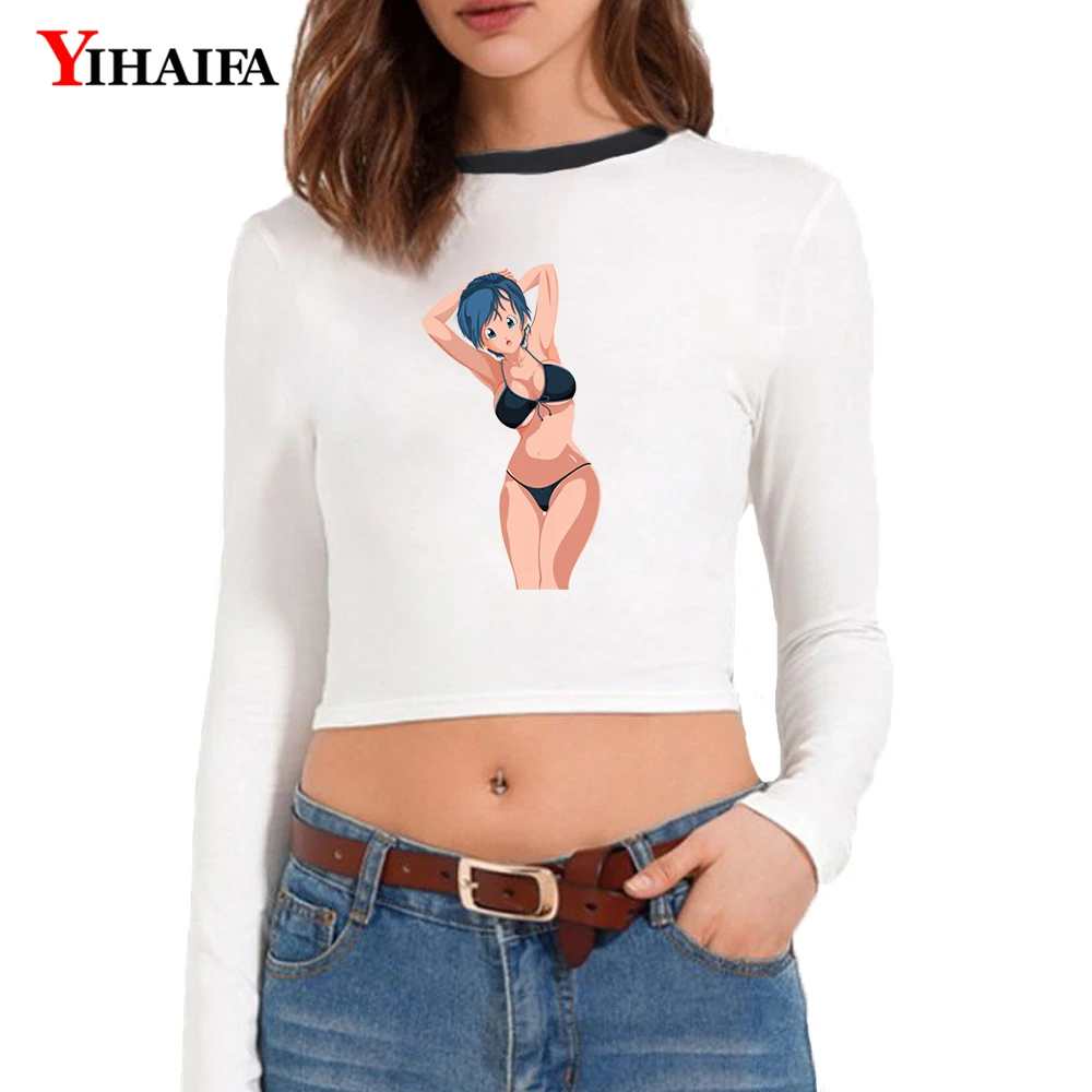 YIHAIFA Женские Весенние футболки укороченный топ с длинным рукавом аниме