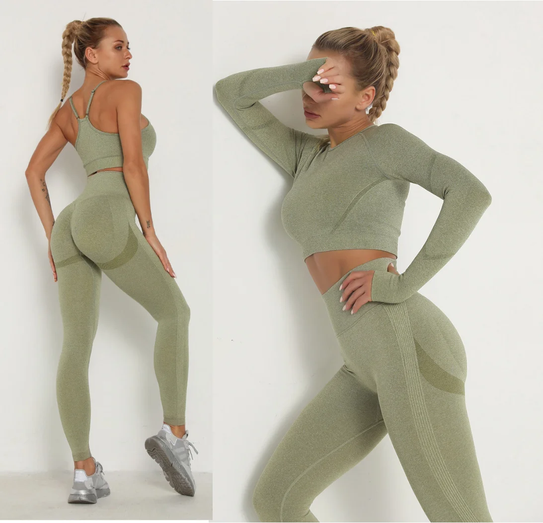 Women's Sets Skinny Tracksuit Breathable Bra Long Sleeve Top Seamless Outfits High Waist Push Up Leggings Gym Clothes Sport Suit 1