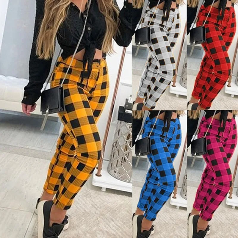 

Women Casual Style Trousers Plaid Print Mid-waist Pants Spring and Autumn Bottoms