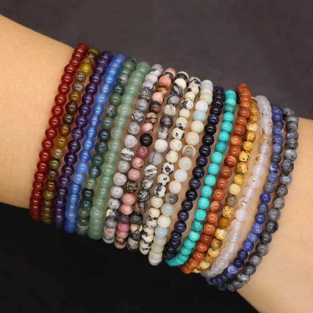 Stone Bead Bracelet 4mm Natural Lapis Lazuli Tiger Eye Round Beaded for Men Women