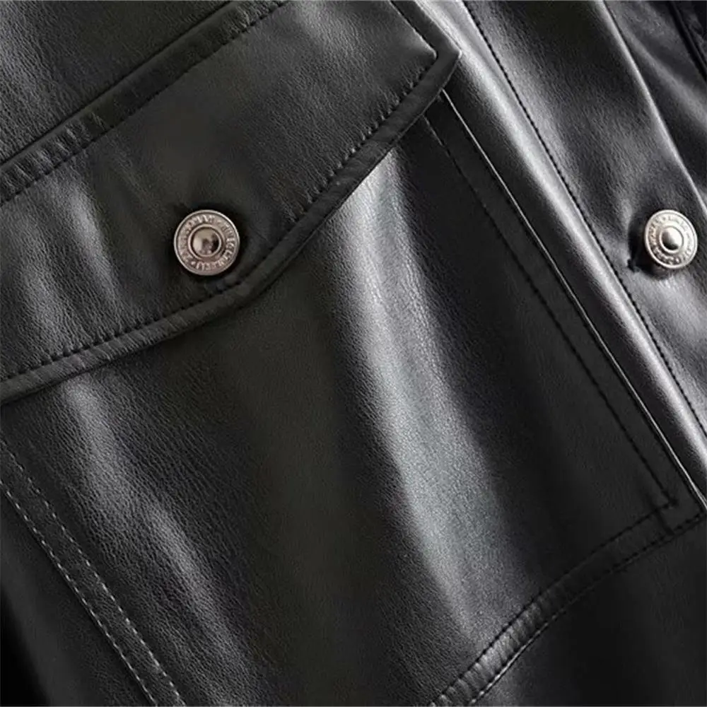 Женская рубашка с отложным воротником куртка из искусственной кожи длинными